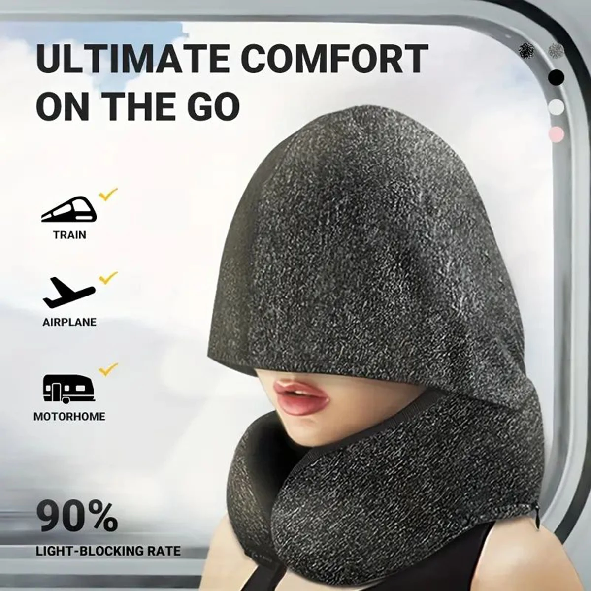 

Hooded, light-blocking U-shaped pillow, travel portable airplane neck protector, memory foam pillow, midday rest neck protector