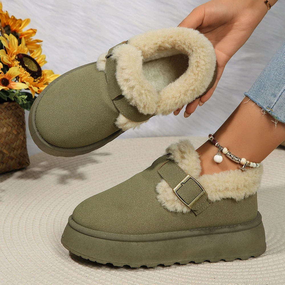 

Fashion Women Winter Buckle Strap Colorblock Fluffy Ankle Boots Round Toe Platform Flats Boots