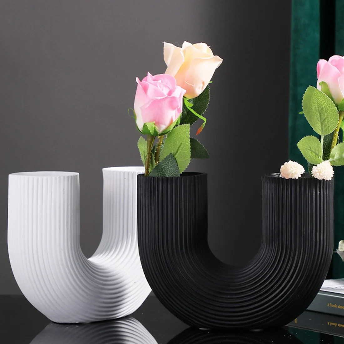 U شكل زهرة الجمالية زهرية ، الزهور المجففة الحديثة الراتنج الزهرية ، Cachepot لمكتب ديكور المنزل أ