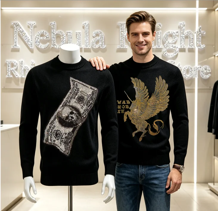 

Men Bling Rhinestone Crew Neck Knit Sweater Three Seasons Warm Long Sleeve Pullover Fashion Streetwear Casual Top