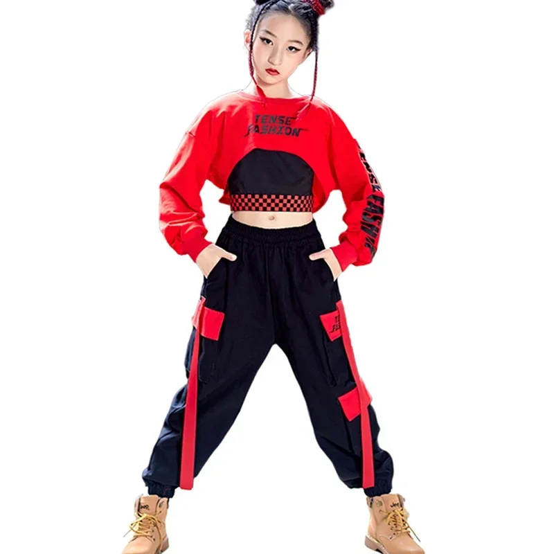 Children Jazz Dance Performance Rave Clothes New Hip Hop Dance Costumes For Kids Red Crop Tops Loose Pants Streetwear