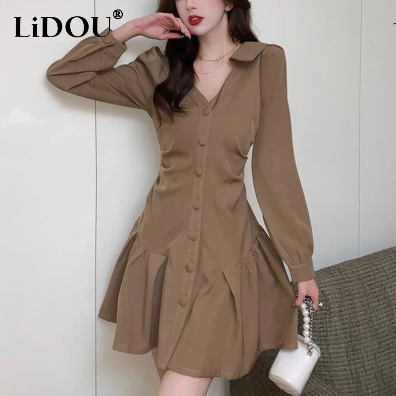 Spring New Sexy V-neck Pleated Single Breasted Mini Dress Lady Long Sleeve Slim Casual Fashion Robe Dresses Vestidos De Fiesta