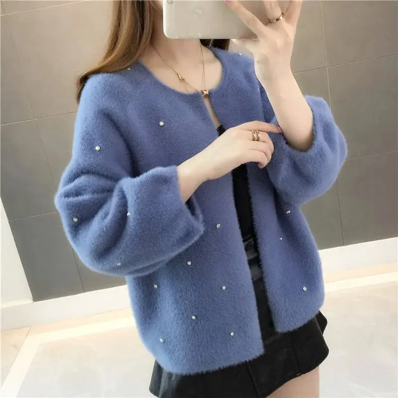 Knitting Shirt Female Cardigan Imitation Mink Fleece Women\'s Sweater New Spring Autumn Coat Korean Version Loose Wild   Jacket