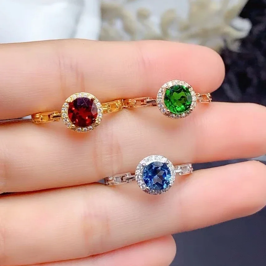 Hot Sale 925 Silver Gemstone Ring 6mm Natural Topaz Diopside and Garnet Ring with Thick 18k Gold Plating