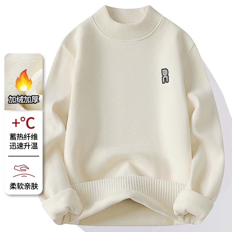 

2025 New Sweater Men's Winter Half High Collar Solid Color One Piece Wool Sweater with Thick Knitted Base and Velvet