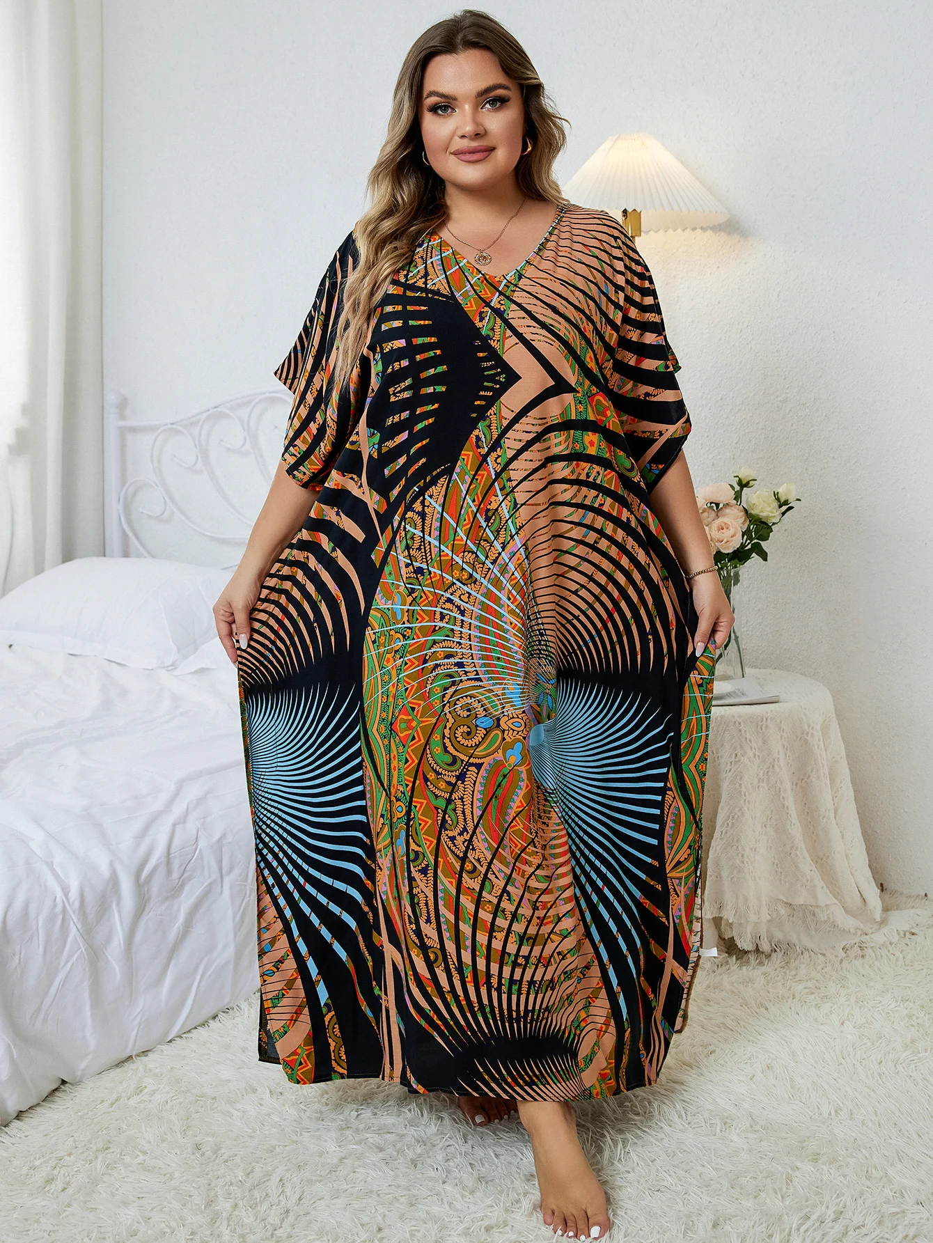 2024 Summer Beach Dresses For Women Clothing Boho Printed V Neck Plus Size Swimsuit Cover ups Side Split Kaftan Robe Q1342