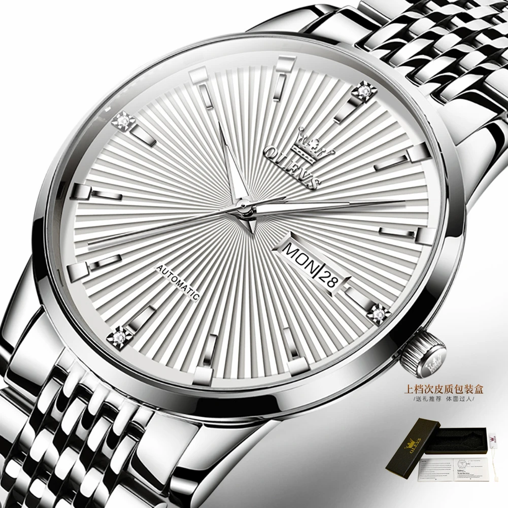 OLEVS 6653 Stainless Steel Strap Automatic Mechanical Luxury Watch For Men Top Commerce Business Waterproof Calendar Wristwatch