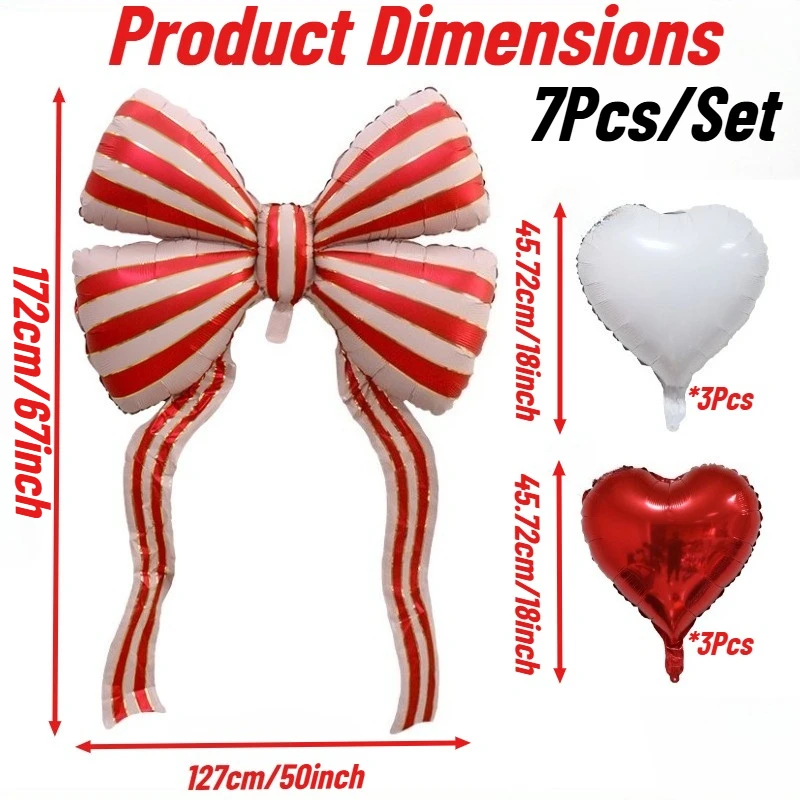 7 Pieces/Set - Extra-Large Red and White Striped Bow Foil Balloon Set, Suitable for Birthday Parties, Proposals, Anniversaries, Wedding Season, Mother's Day, Birthday Ceremony Atmosphere Decoration Supplies, Photograph