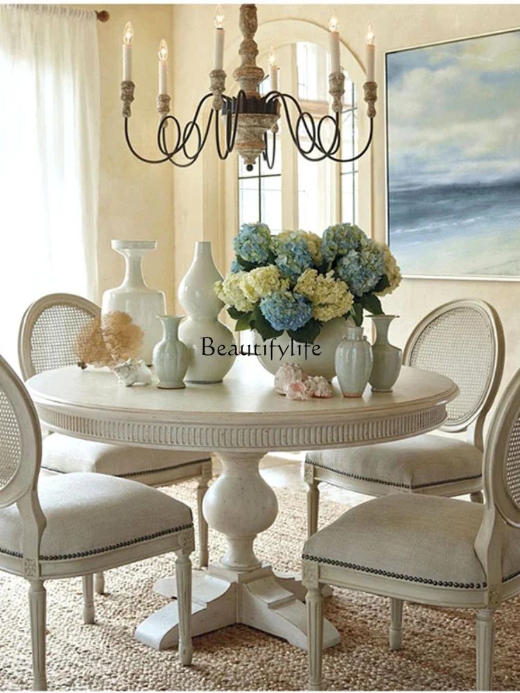 

American solid wood white old round dining table light luxury modern simple light luxury