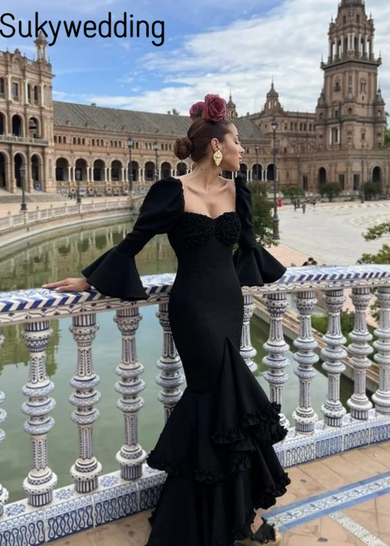 Black Mermaid Prom Dresses Long Sleeves Tiered Retro Palace Dresses Women Formal Party Gowns Flamenca Spanish Evening Gown