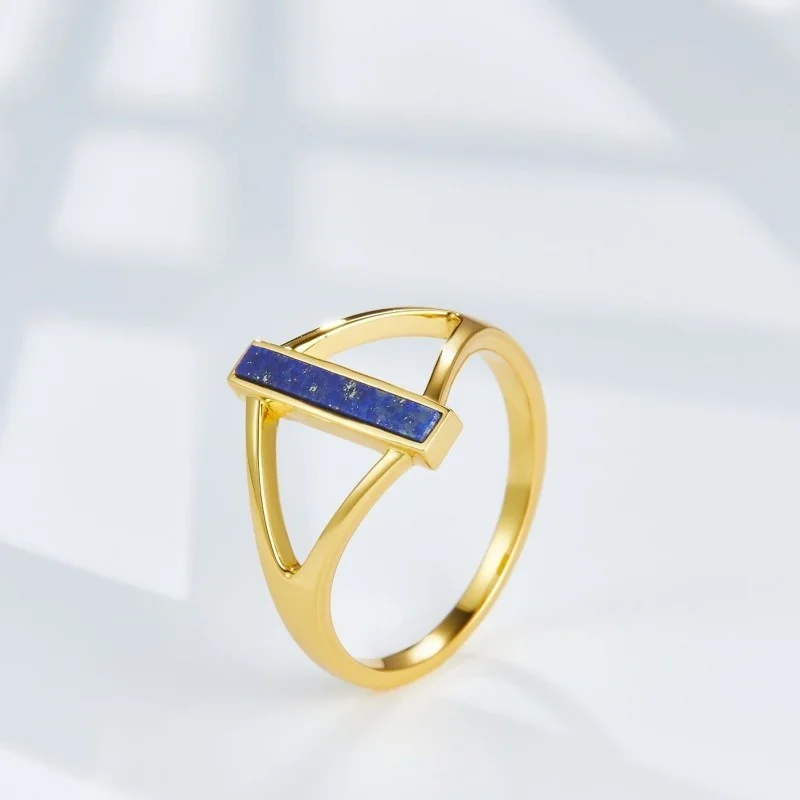 925 Silver Gold Plated Lapis Lazuli Geometric Women\'s Ring Fashion Simple Personalized Natural Stone Ring 2021 New Trend Gift