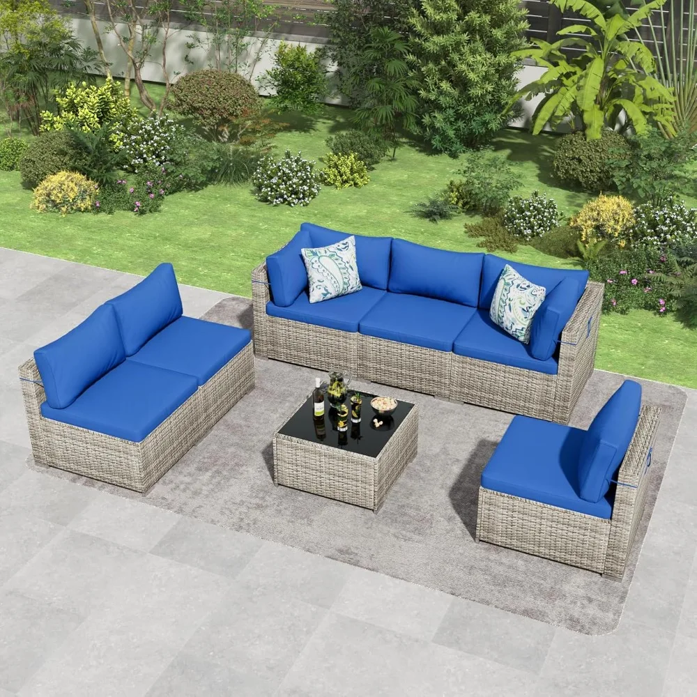 

7 Piece Patio Furniture Set, Outdoor Wicker Patio Sofa Set, PE Rattan Sectional Couch with Glass Table and Blue Cushions, All-We