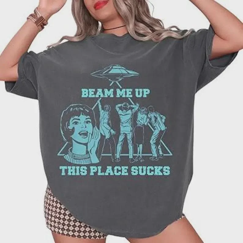 Lustiges Beam Me Up UFO Grafikshirt, Alien Abduction Tee Grafik T-Shirts Y2k Top Damen Kleidung Ästhetisches T-Shirt Baumwollhemden