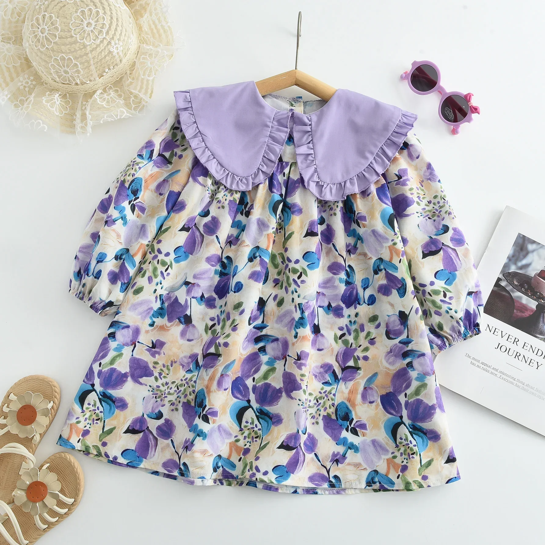 Vestidos casuales para niñas Vestido de fiesta de flores de manga larga con solapa de encaje y estampado de flores moradas para niñas de 2 a 7 años