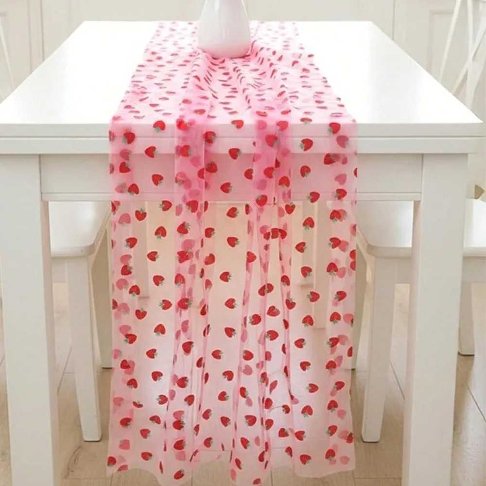 DIY Tulle Fabric Strawberry Mesh Table Runner Polyester Princess Style Gauze Tablecloth Sweet Glitter Wedding Table Runner Party