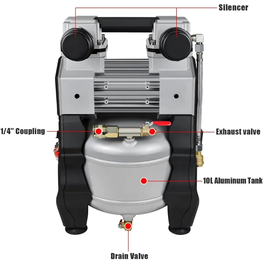 ضاغط هواء 1.3 حصان خالي من الزيت للاستخدام المنزلي والورش: عملية فائقة الهدوء وتصميم خفيف الوزن مع خزان ألومنيوم سعة 2.6 جالون