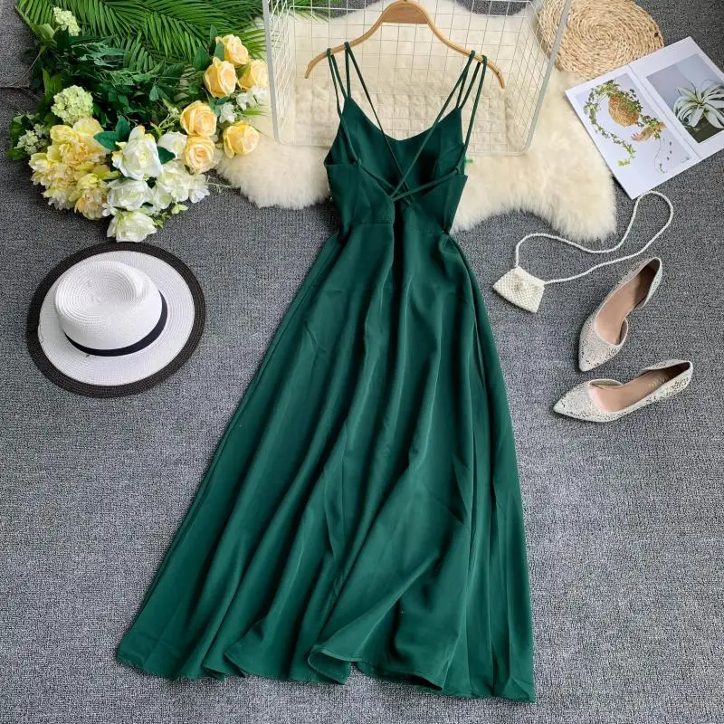

Maldives Holiday Bal Midi Dr V-ne High-waist A-line Korean Sle Pure Color Beachside Fairy Skirt for Young Women