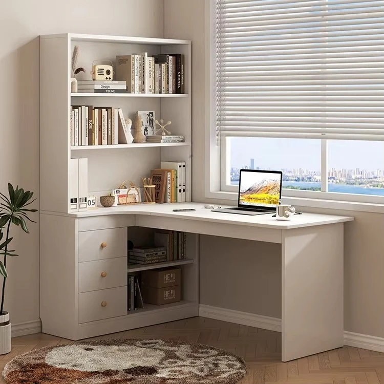 Wooden computer desk with bookshelf and bookcase, integrated student corner table for family bedroom study table surface