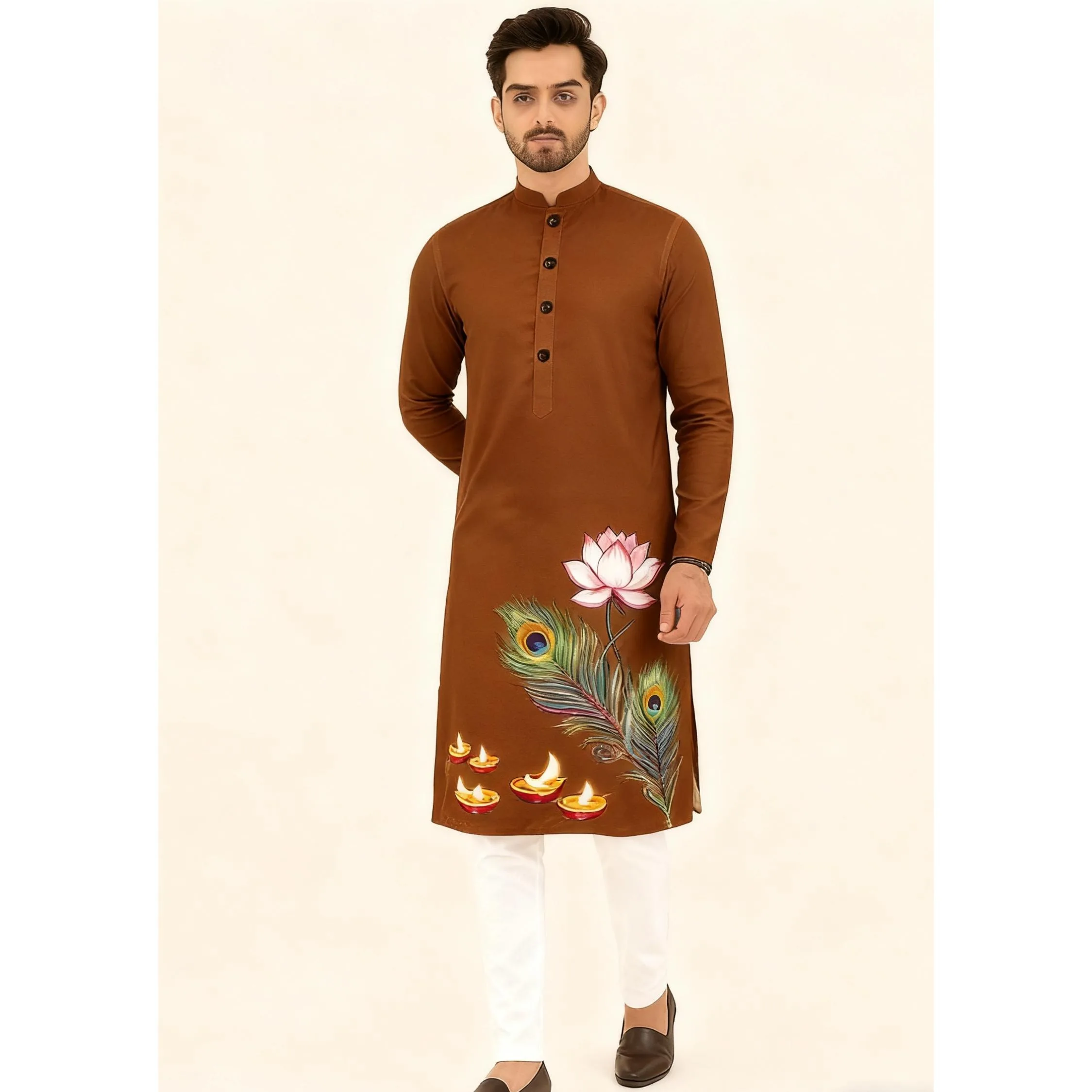 الرجال المسلمات الإسلامية العربية عباية رداء العرقية طباعة الوقوف طوق الشباب منتصف طول قميص معطف فاخر ملابس مسلمة عصرية غير رسمية #4