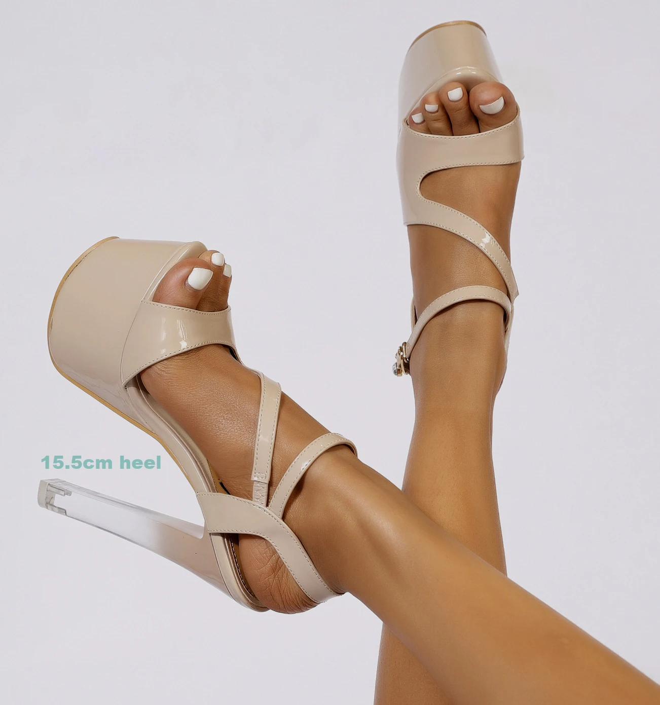 LIHUAMAO patent leather Modern sandals transparent high heel women ankle strap block platform peep toe night club lady shoes