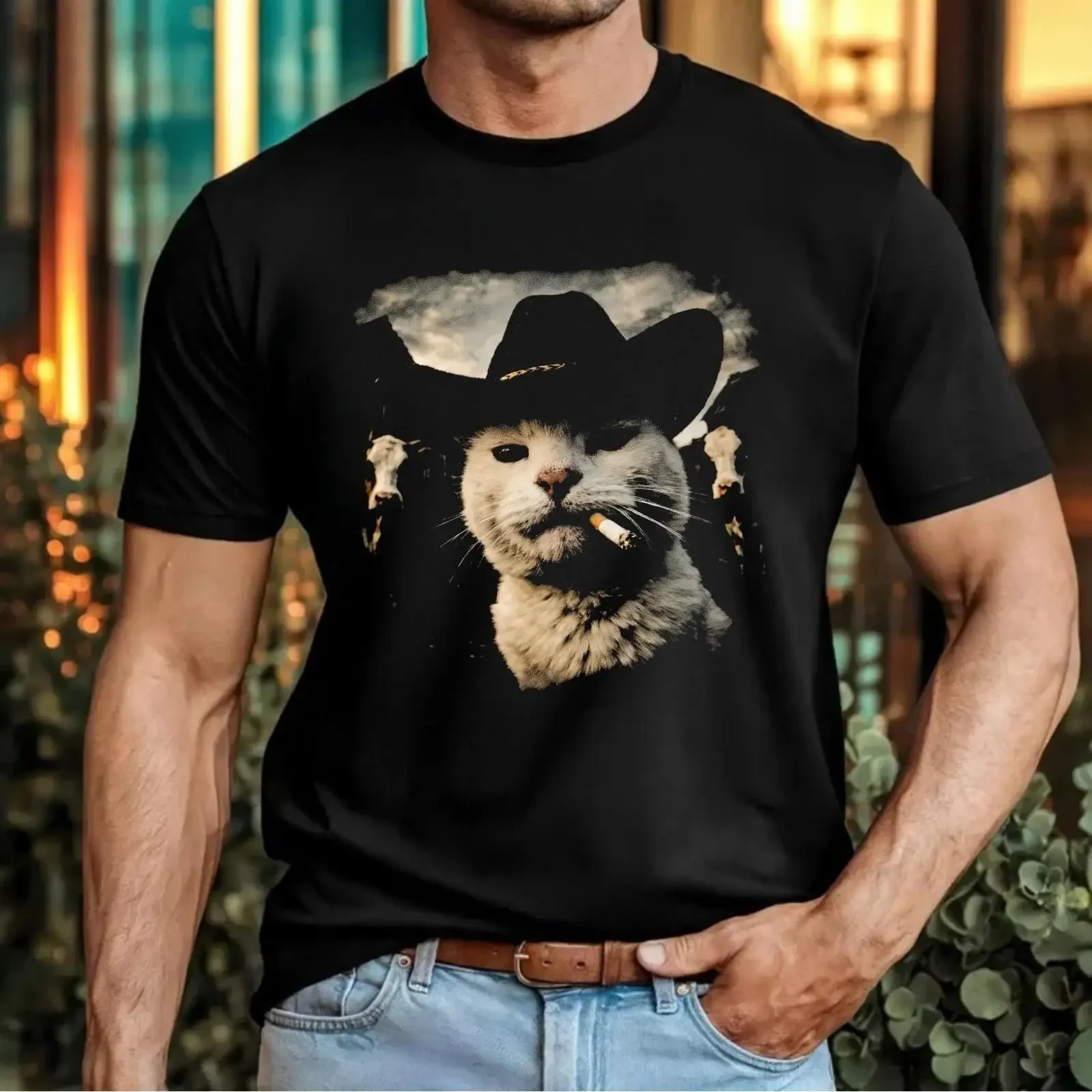 Cowboy Katze Rauchen T Shirt lustig Miau Viral Meme Wilder Westen Geschenk Top vintage Washed streetwear Stretched Breathable