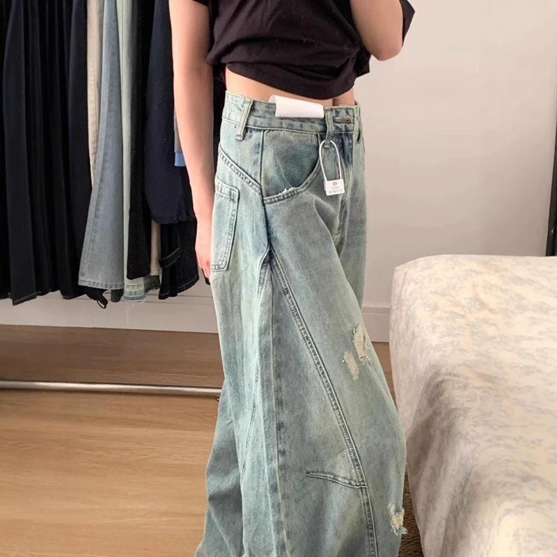 2025 가을 한국 여성 청바지 레트로 하이 웨이스트 청바지 스트레이트 레그 팬츠 배기 청바지 찢어진 청바지