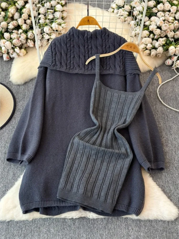 Korean Knitted Dresses Sets for Women 2 Pieces Loose Sweater Shawl Cardigan Coat + Spaghetti Strap Mini Dress Female Clothes