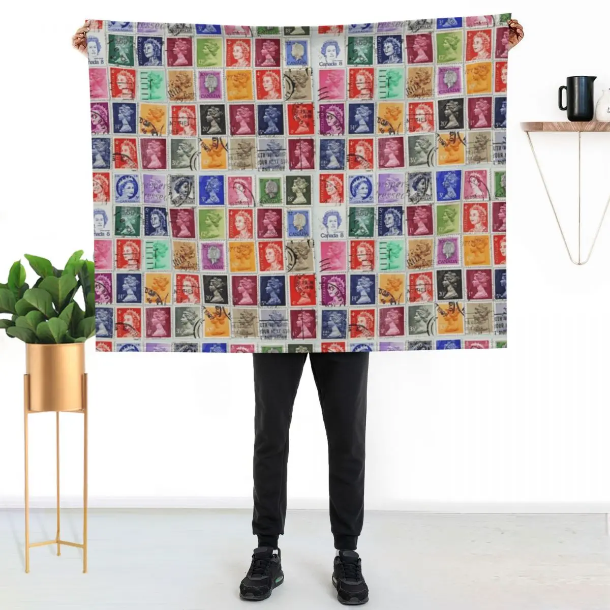 Postage stamps of British Commonwealth with image of Her Majesty Queen Elizabeth. Throw Blanket Furrys Nap Blankets