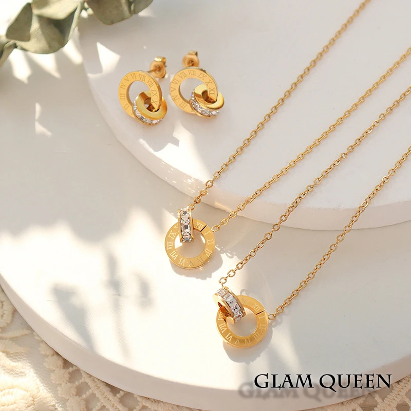 GLAM QUEEN New Design Jewelry Stainless Steel Zircon Necklaces 18K Gold Plated Earrings Beauty and Fashion Jewelry Set for Women