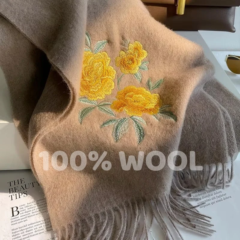 

100% Wool Winter Scarf For Women Warm Embroidery Scarves Hijab Solid Lady Shawl Wrap Female Pashmina Bandana Head Scarfs New