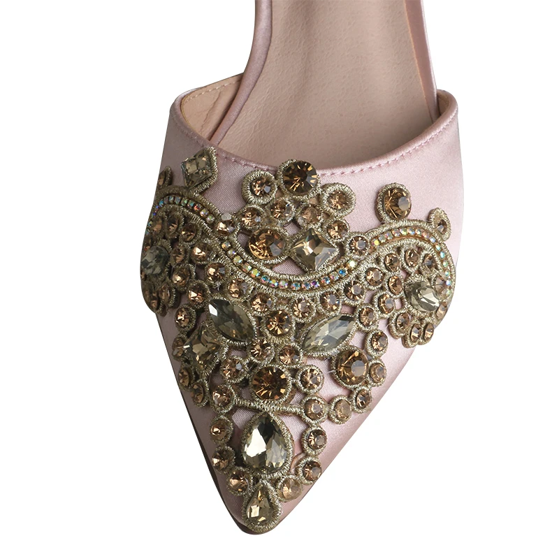 Venus lure Pointed Toe Women Flats for Wedding Low Square Heel Bridesmaid Shoes Diamond Brooch