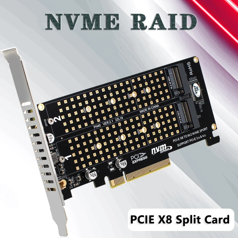 Dual M.2 NVME to PCI Express X8 4.0 Raid Controller PCIE Split Card 2 Ports M2 NVME M KEY for 2230 2242 2260 2280 22110 NVME SSD