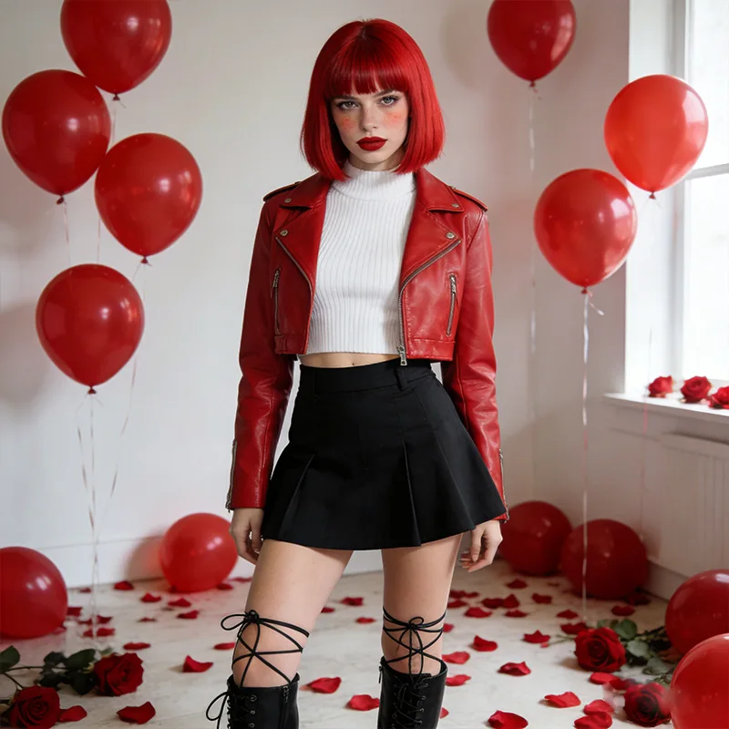 Kurze Bob-Frisur, rote synthetische Perücke für Halloween-Party-Cosplay, täglichen Gebrauch, Hochtemperatur-Haaraccessoire-Perücken-Set – Detail 2