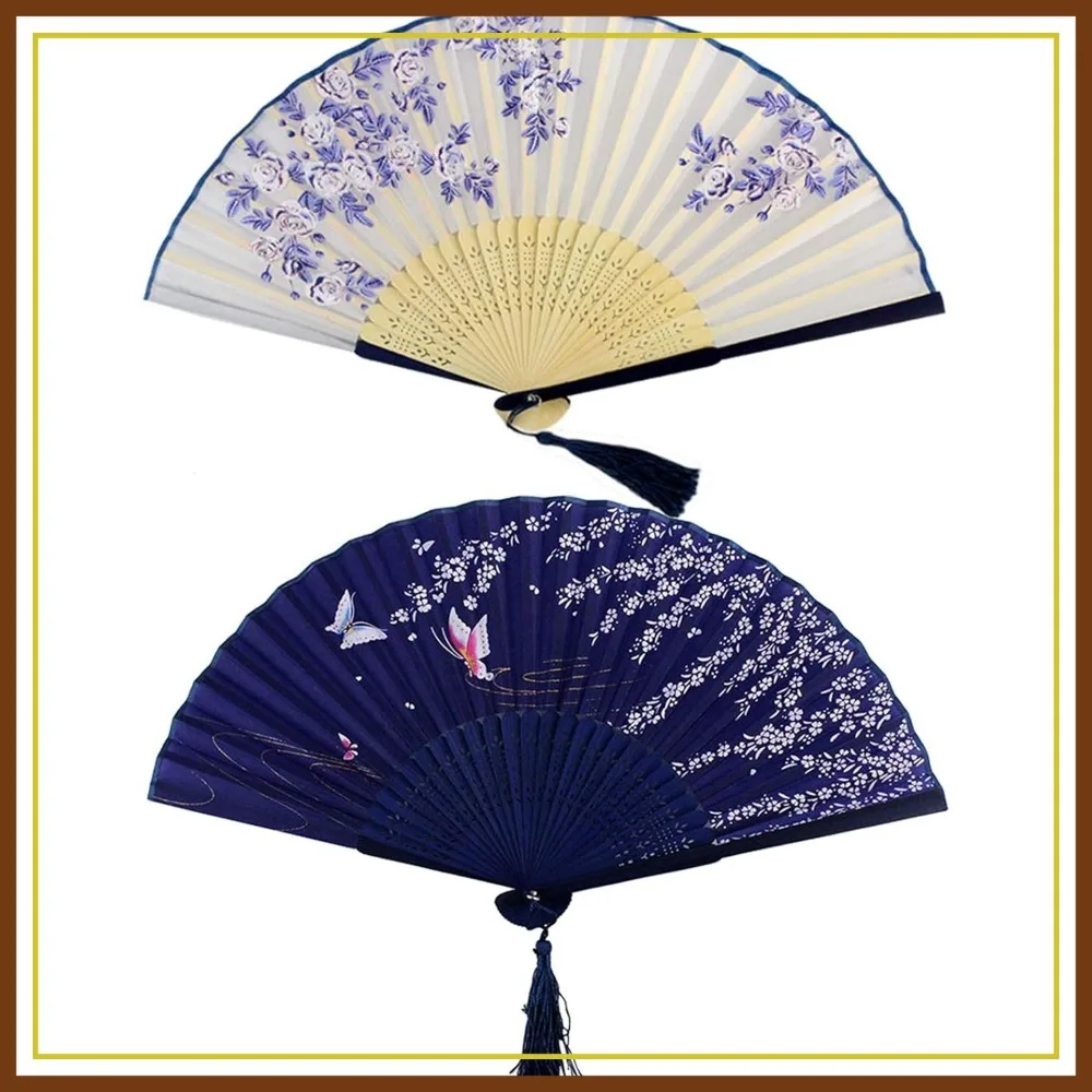 

2 Pcs Silk Folding Hand Fans with Bamboo Frame, White Blue, for Dance Wedding Party Decoration