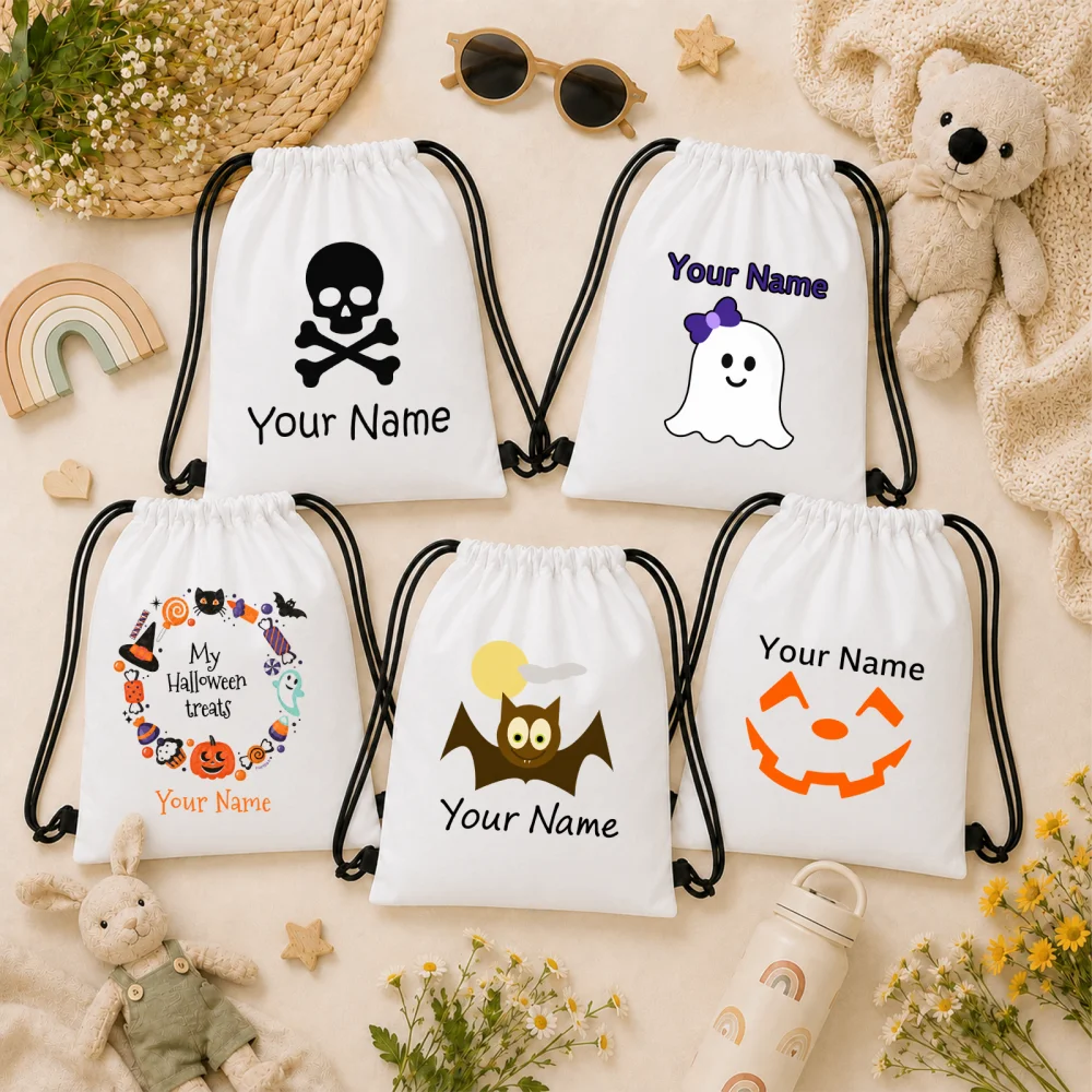 Polyester Personalized Halloween Drawstring Bags Set of 5 Custom Name Trick or Treat Candy Sack Owl Pumpkin Kids Gift Bags