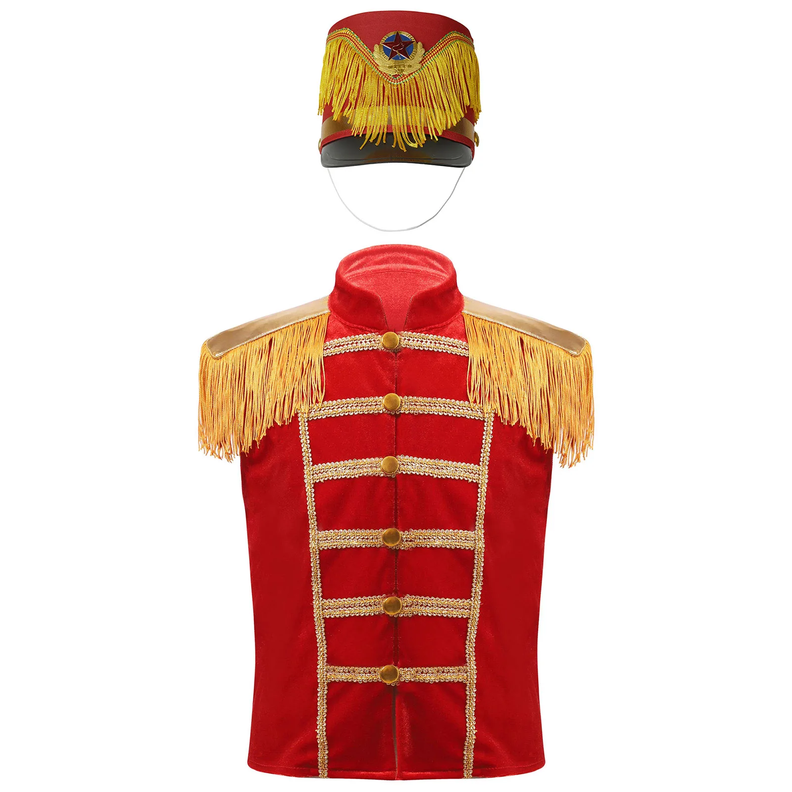 #4-16 Unisex Boys Girls Circus Magician Costume Sleeveless Fringe Shoulder Golden Trim Decoration Vest Waistcoat with Hat Set