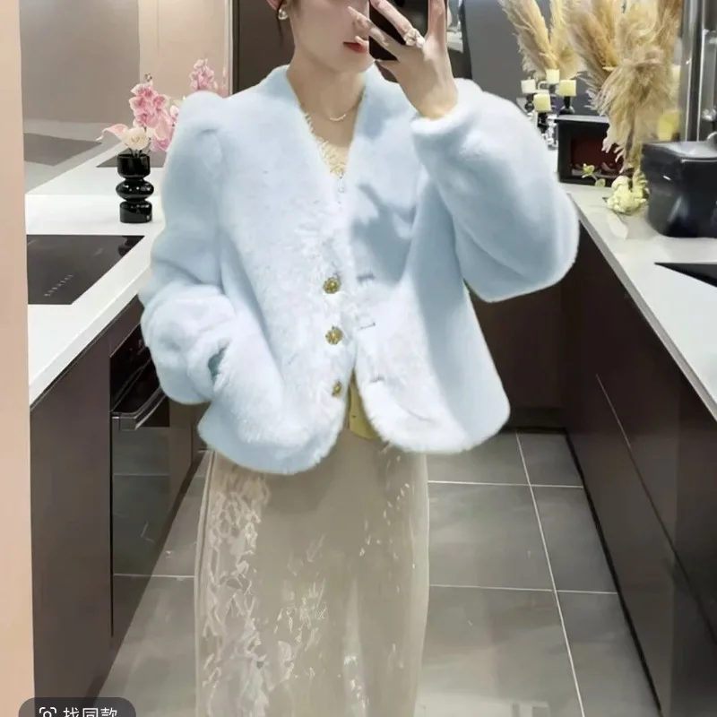 Women's Sweet Fairy Fall Winter Fur Coat Long-sleeved Warm Short Faux Jacket V-neck Senior Simple Comfortable Brand Fashion