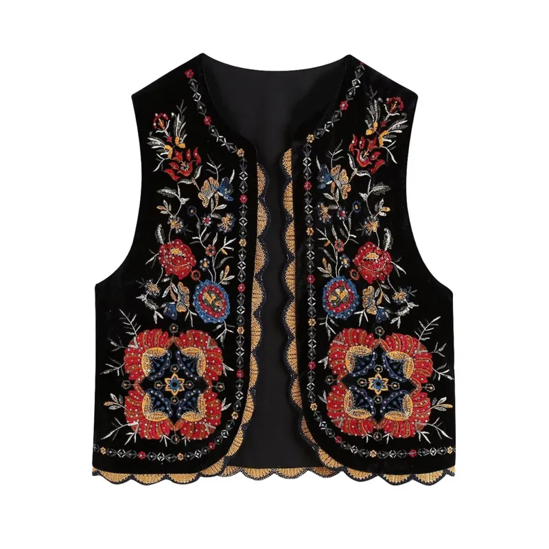 

Vintage Ethnic Embroidered Velvet Vest Stylish Women's Velvet Vest Autumn And Winter Warm Jacket Vest New Casual Patchwork Vest