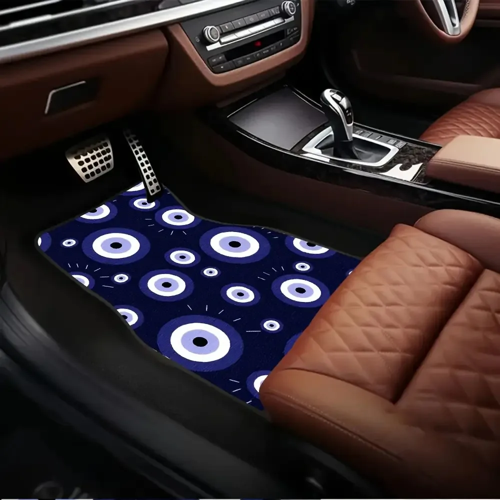 4pcs Turkish Blue Evil Eye Pattern Car Floor Mats Set, Fit Various Models, Car Accessories