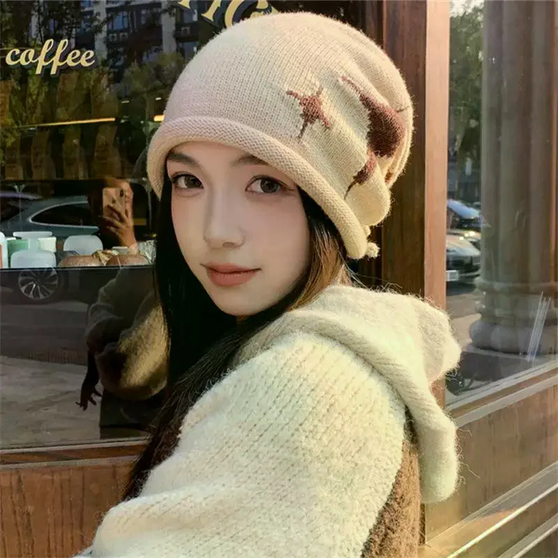 Czapki typu beanie z gwiazdami, ze sznurkiem, dla kobiet, jesienno-zimowe, ciepłe, z ochroną uszu, uniwersalne, retro, dziergane czapki typu pulower