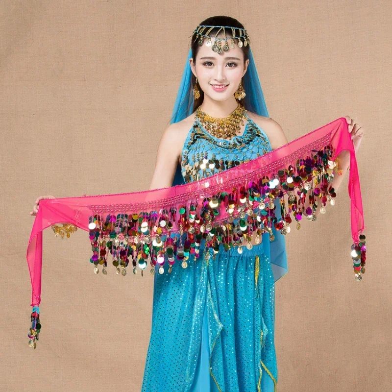 Belly Dance Clothes Indian Oriental Dance Belt Waist Chain Hip Scarf Women Sexy Dance Colorful Sequin Chiffon Skirt Gold Coins