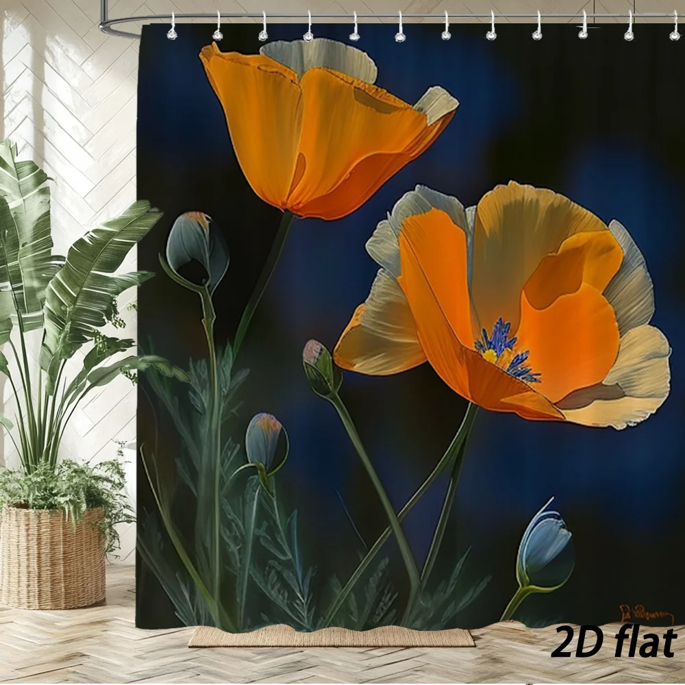 Orange flowers shower curtain hook 2D flat print dark blue green background gray edge blue center bud stem