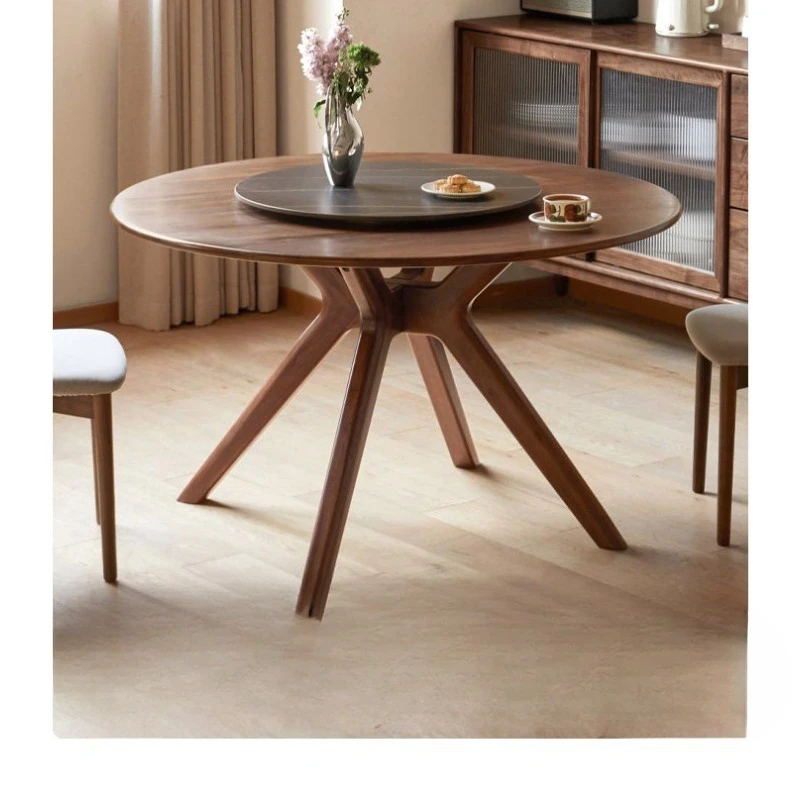 Solid wood dining table Black walnut rock slab round table with turntable