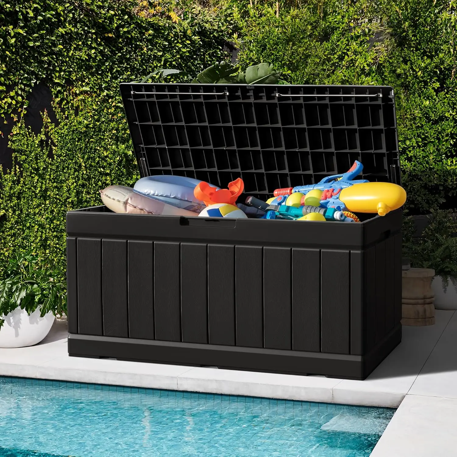 Boîte de pont en résine de 82 gallons, grand rangement extérieur pour meubles de Patio, outils de jardin, fournitures de piscine, résistant aux intempéries, résistant aux UV, verrouillable