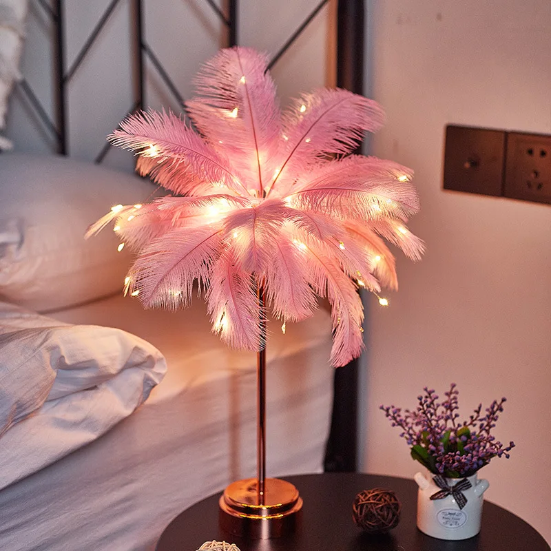 Bedroom LED Night Light Feather Table Lamp Bedside Lamp Modern Wedding Decoration Small Lantern Festive Gift Ins Girl Heart