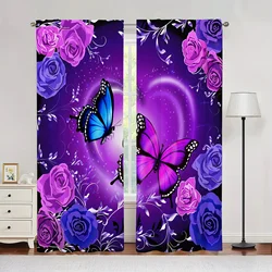 2pcs Fashionable Romantic Butterflies Pattern Curtain, Curtain Rod Pocket Window Curtains For Living Room Bedroom Room Decor