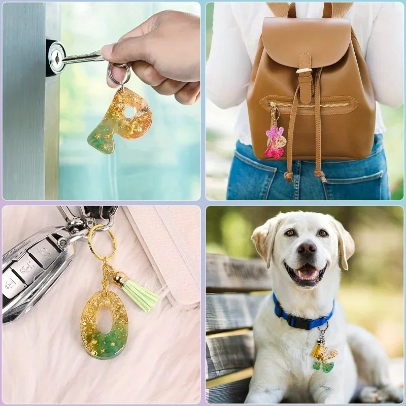 Conjunto de moldes de fundição de resina de silicone com letra reversa do alfabeto em forma de para chaveiro DIY, moldes de resina epóxi com furo de suspensão