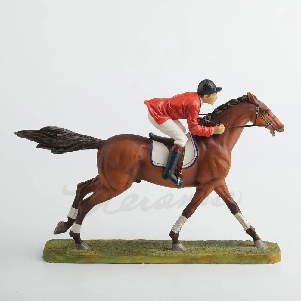 Equestrian Jockey Riding Horse Statue Resin Figurine Hand Painted Home Office Decoration Collectible Sculpture Ornament Gift