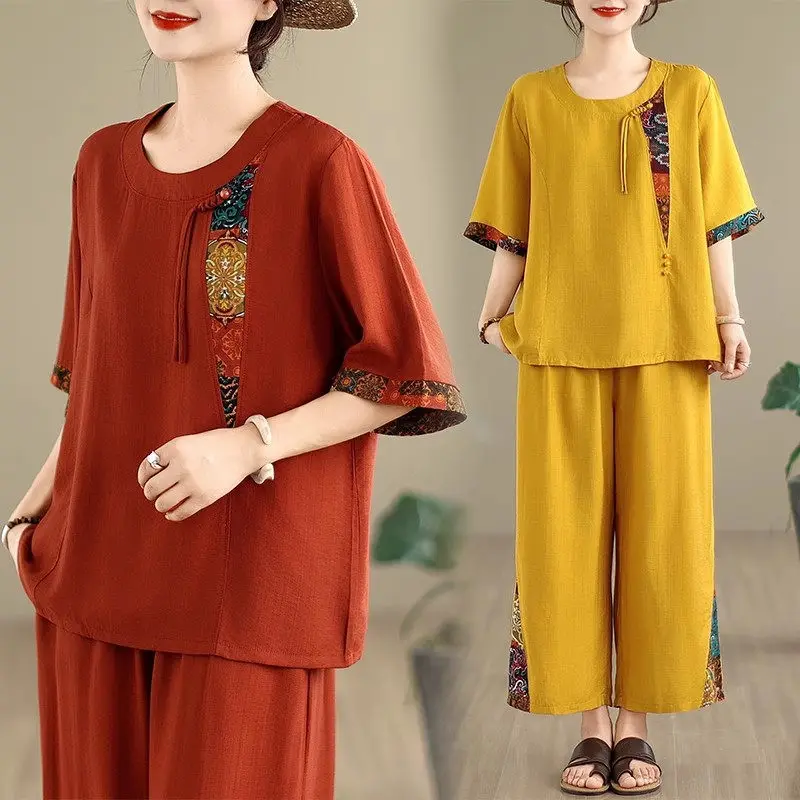 

Summer Women's Cotton Linen Patchwork Lounge Set - Loose Breathable T-Shirt & Elastic Waist Wide Leg Pants 2-Piece Outfit (G707)