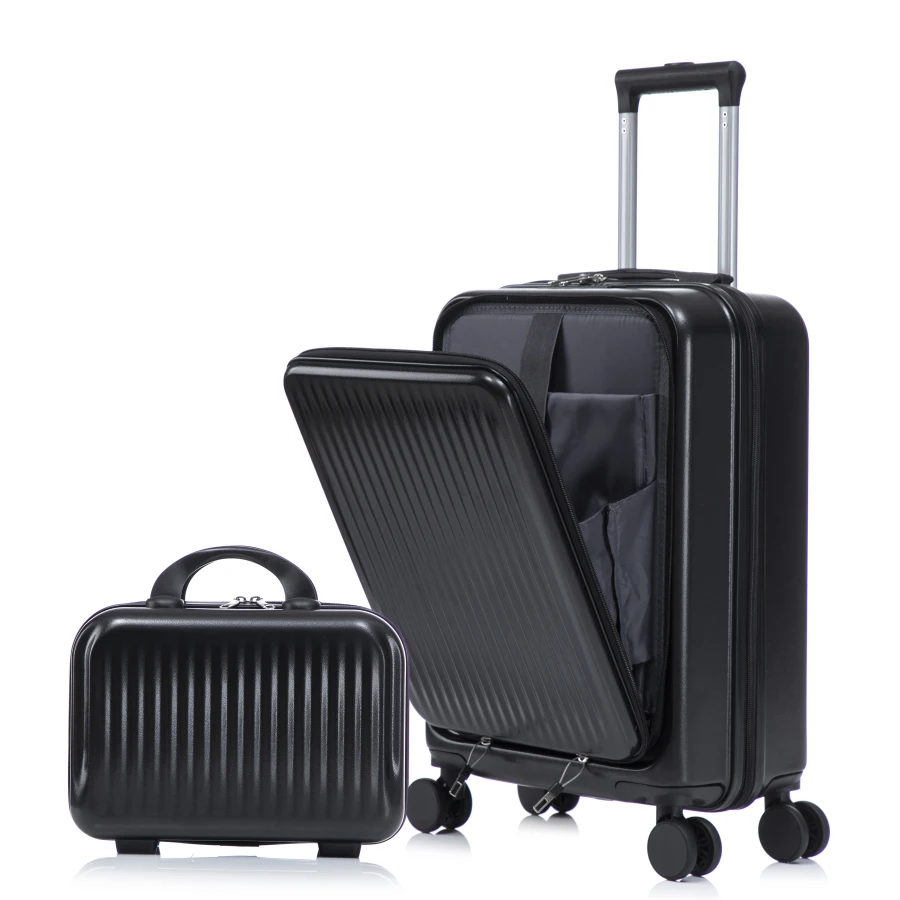 

14/20 2 pcs/set ABS spinner wheel luggage for travel, black, lightweight and durable with combination lock and front opening de
